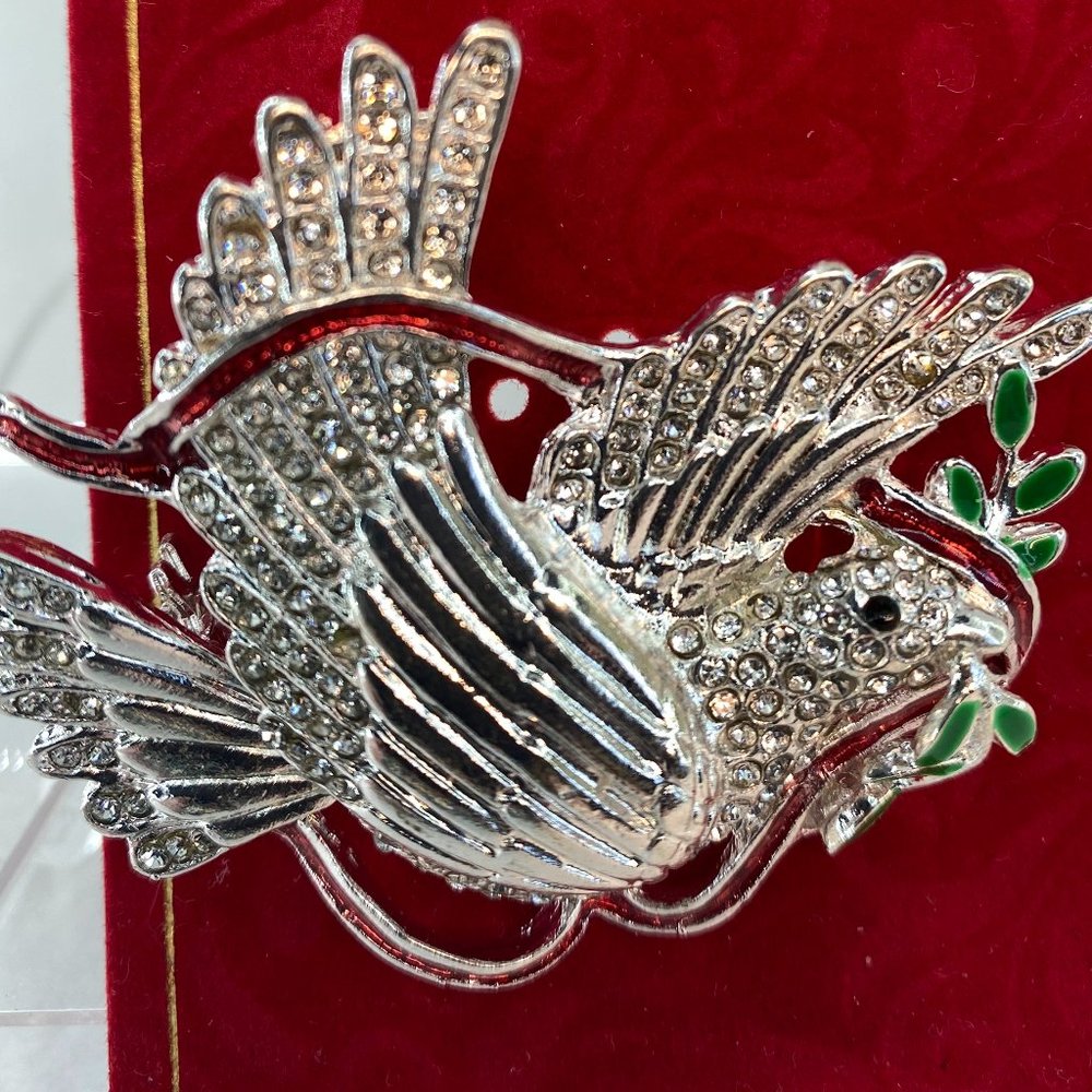 Holiday Lane Silver & Crystal Winged Dove with Red Ribbon Christmas Pin Brooch - Picture 2 of 3